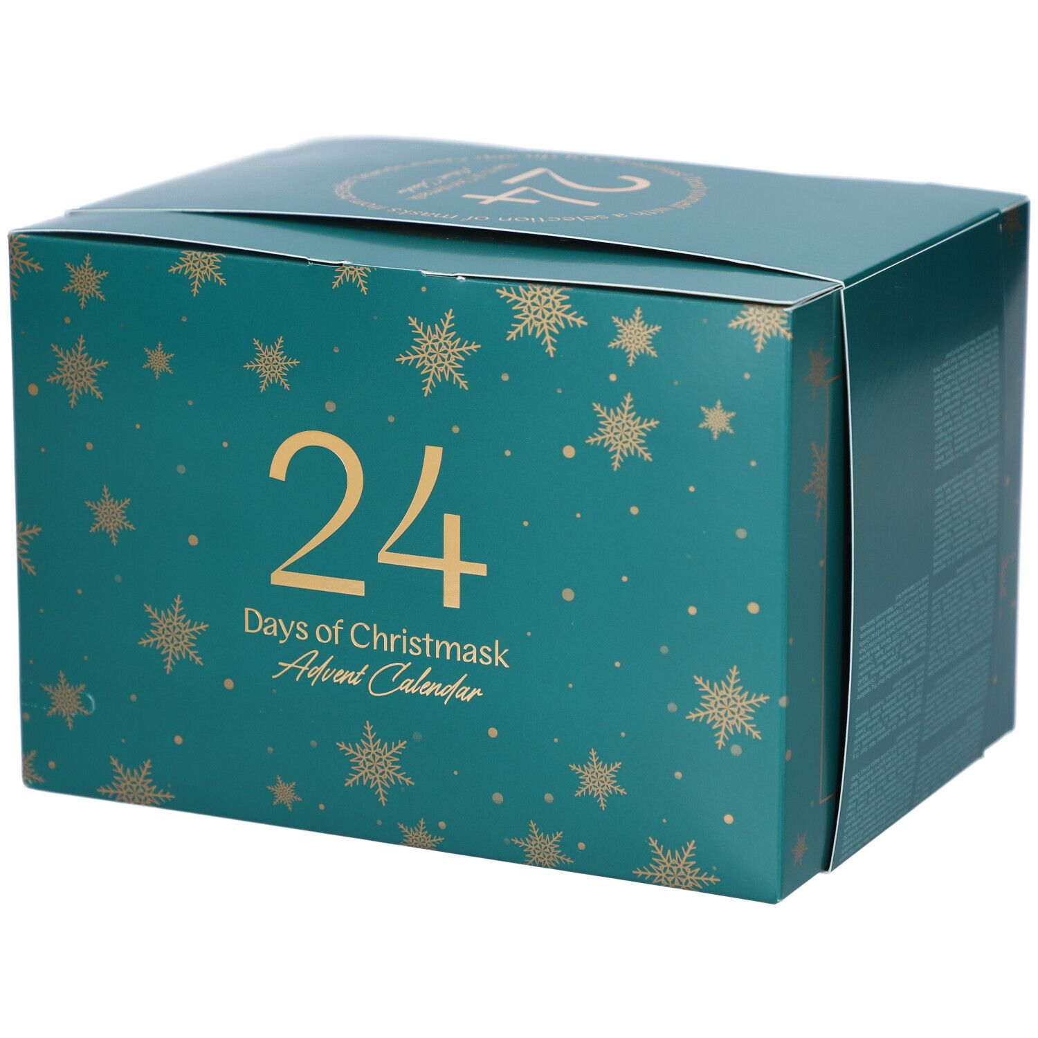 Türkisgrüner Adventskalender mit goldenen Schneeflocken. Aufschrift: 24 Days of Christmask Advent Calendar.
