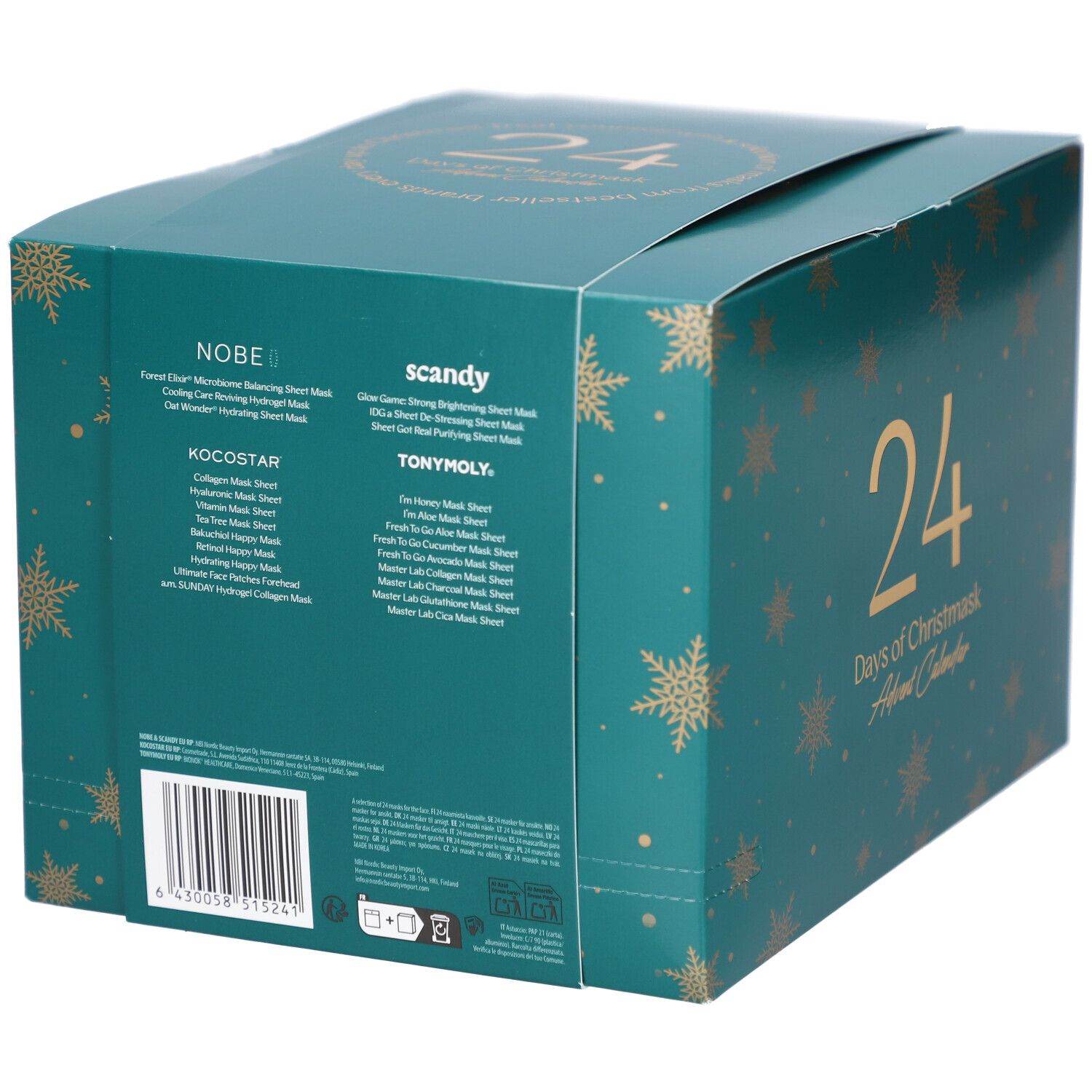 Türkisgrüner Adventskalender mit goldenen Schneeflocken. Aufschrift: 24 Days of Christmask Advent Calendar. Produktnamen auf der Seite.