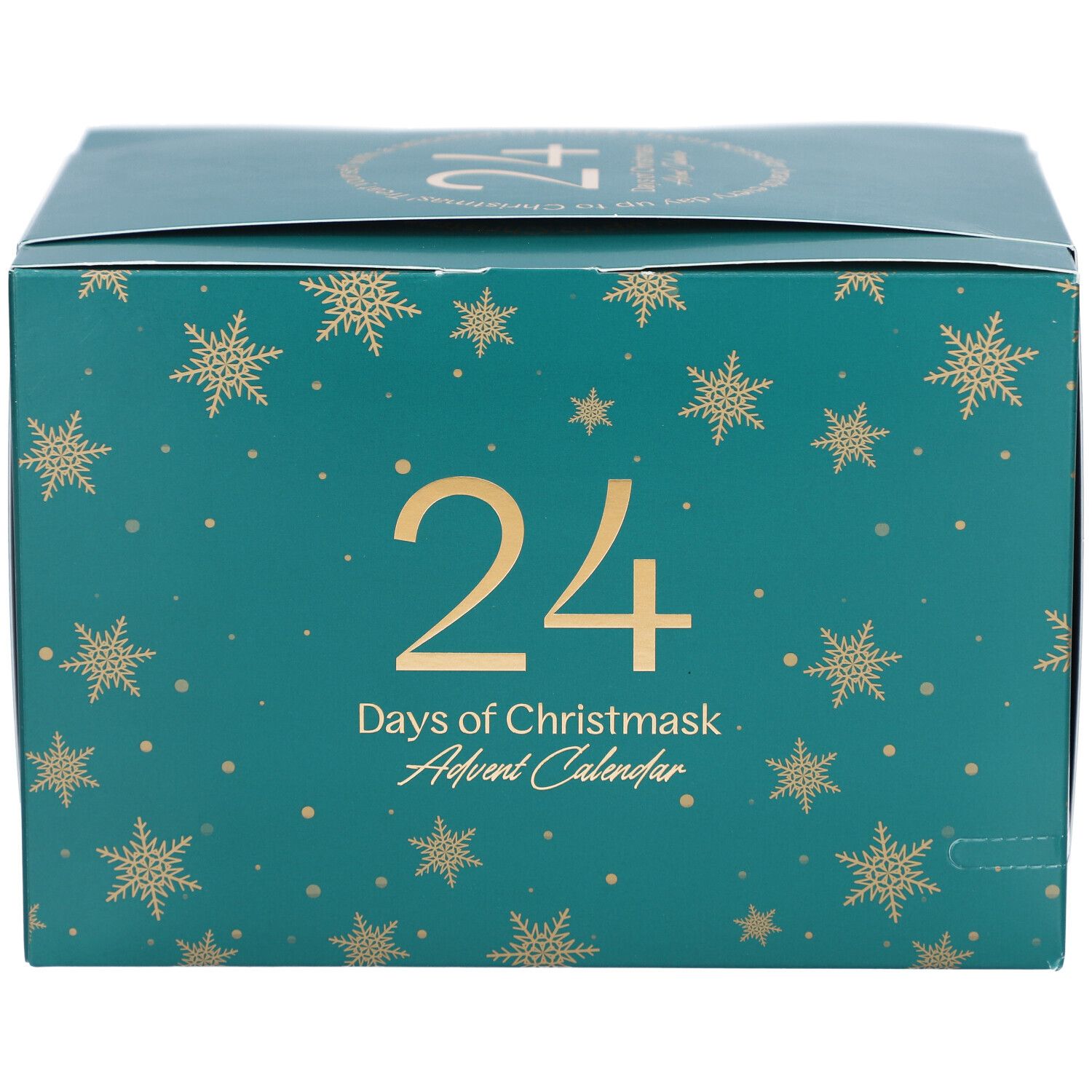 Türkisgrüner Adventskalender mit goldenen Schneeflocken. Aufschrift: 24 Days of Christmask Advent Calendar.