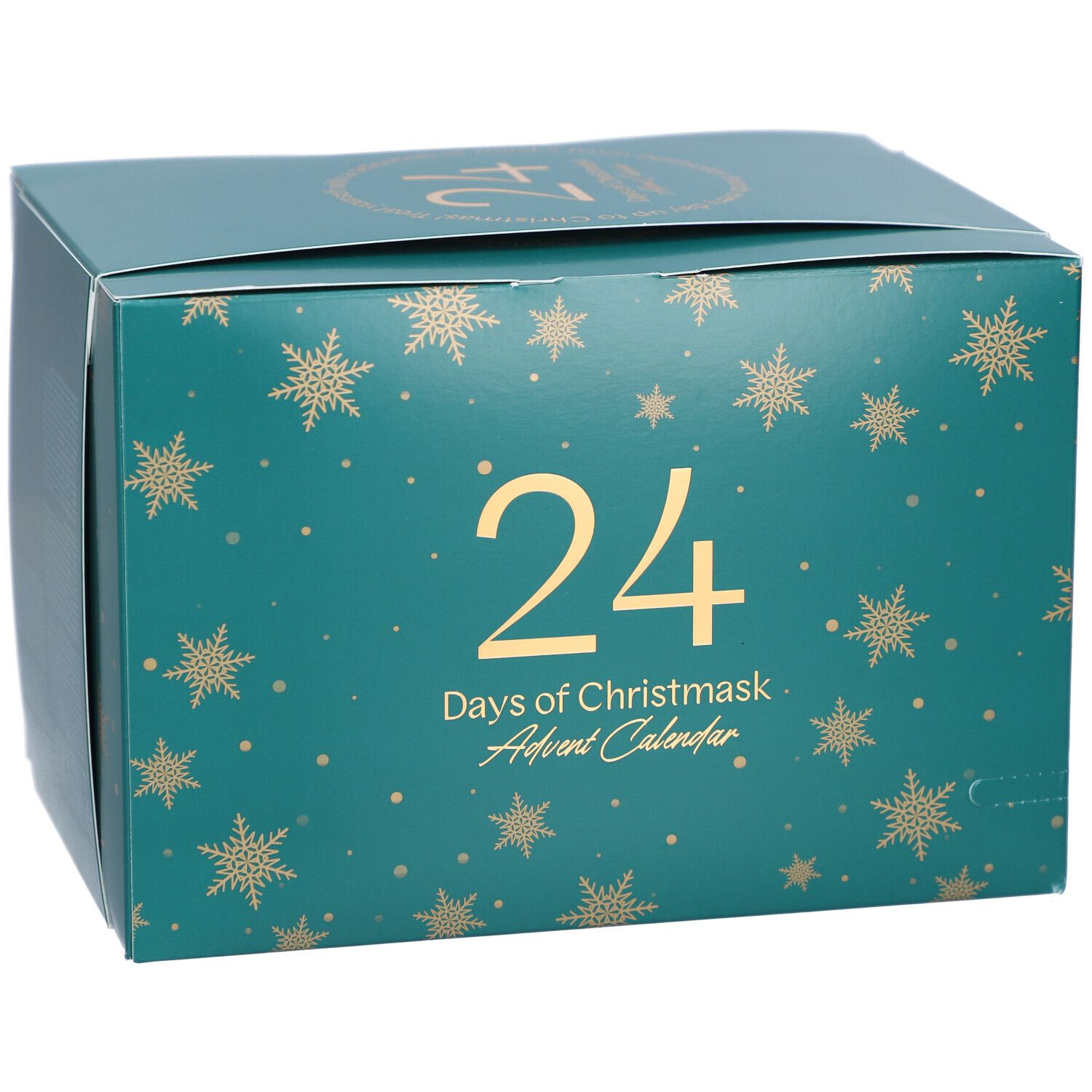 Türkisgrüner Adventskalender mit goldenen Schneeflocken. Aufschrift: 24 Days of Christmask Advent Calendar.
