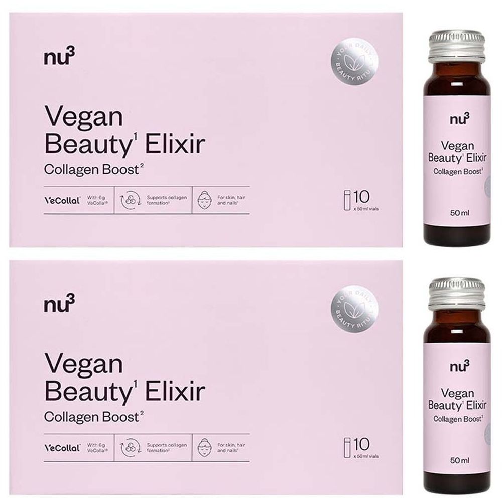 Zwei Packungen und zwei Flaschen nu3 Vegan Beauty Elixir Collagen Boost. Aufschrift: 10 x 50ml Vials.