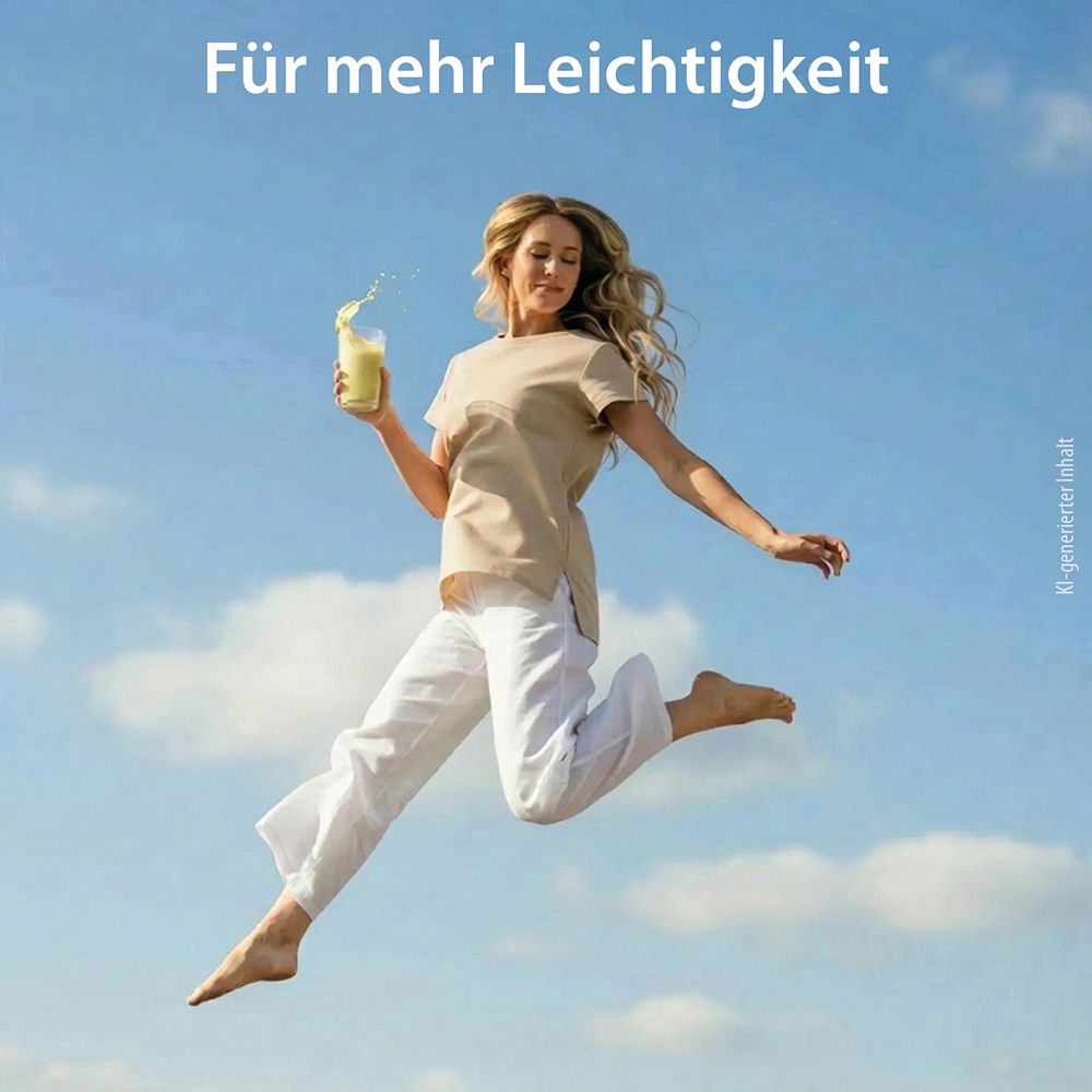 Frau springt mit einem grünen Getränk in der Hand in die Luft.