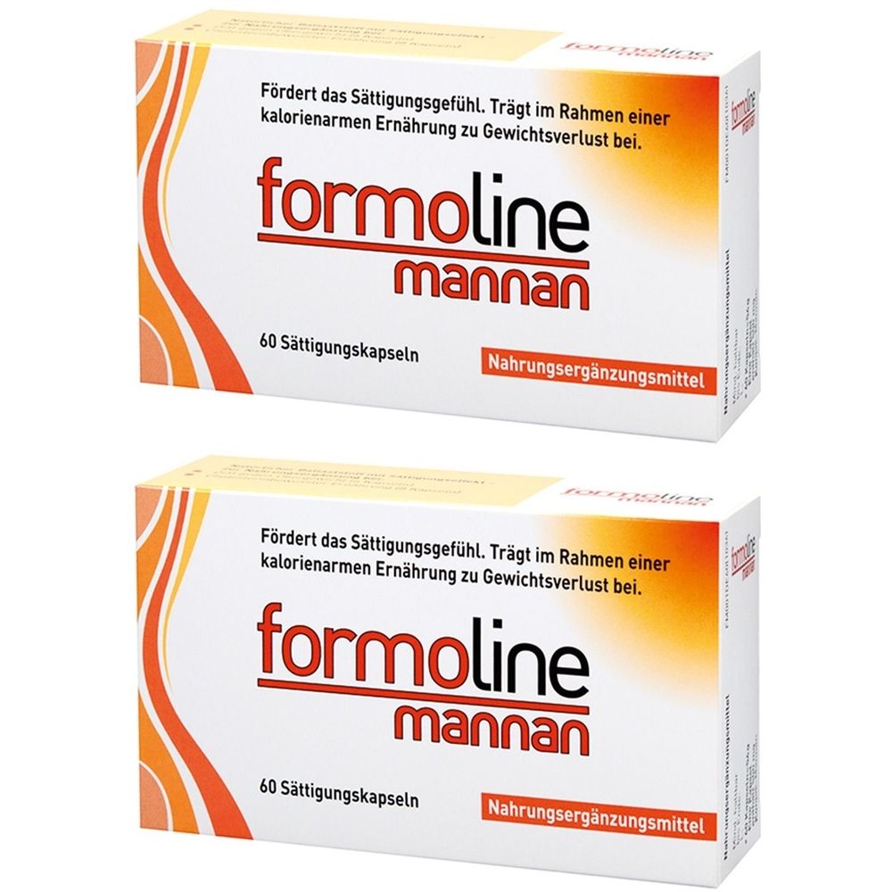 Zwei Schachteln mit "formoline mannan"-Kapseln. Aufschrift: 60 Sättigungskapseln, Nahrungsergänzungsmittel. Text: Fördert das Sättigungsgefühl.