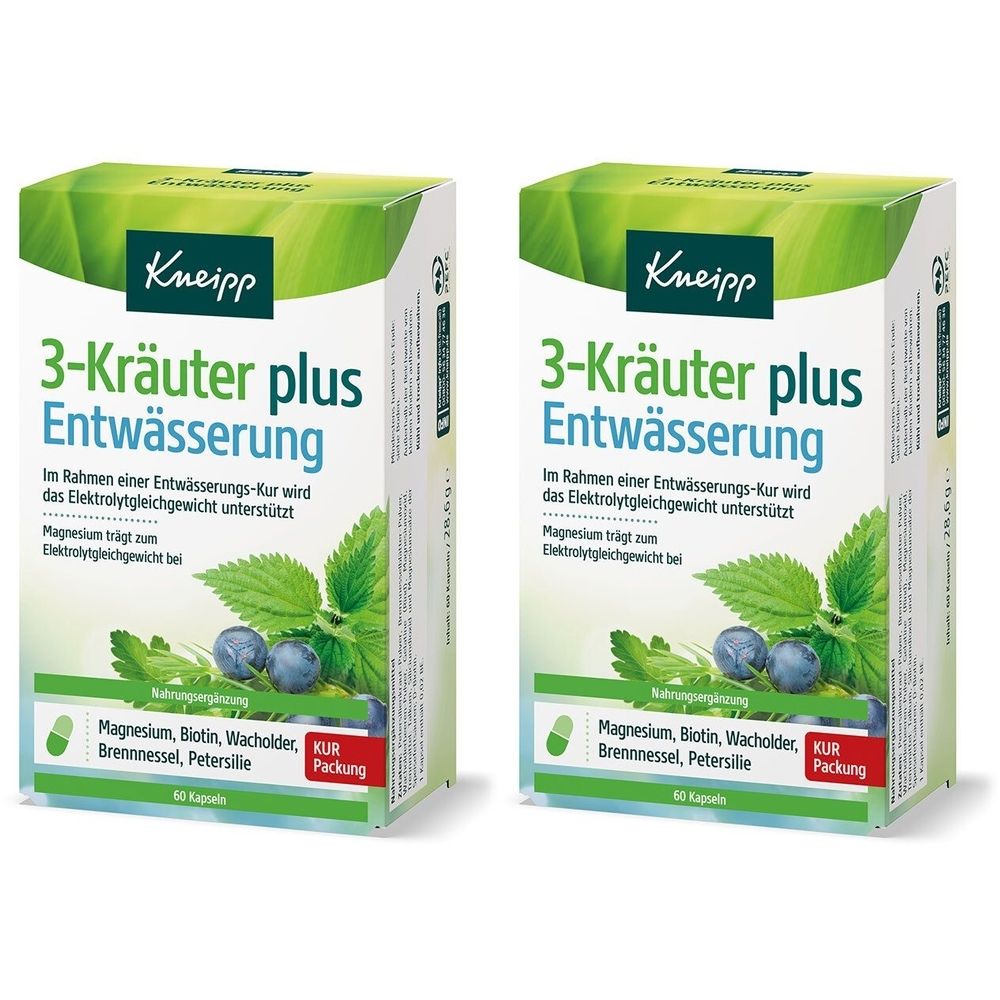Zwei Kartons KNEIPP 3-Kräuter plus Entwässerung Kapseln. Grün-weiß Verpackung mit Produktnamen und Inhaltsstoffen.