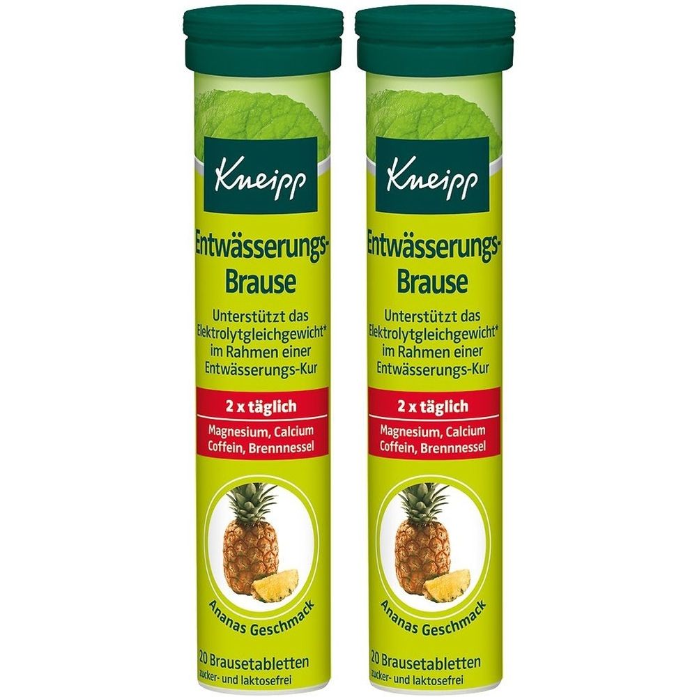 Zwei grüne Röhren mit Brausetabletten. Aufschrift: Kneipp Entwässerungs Brause. Ananas-Geschmack. 20 Brausetabletten. Ohne Laktose.