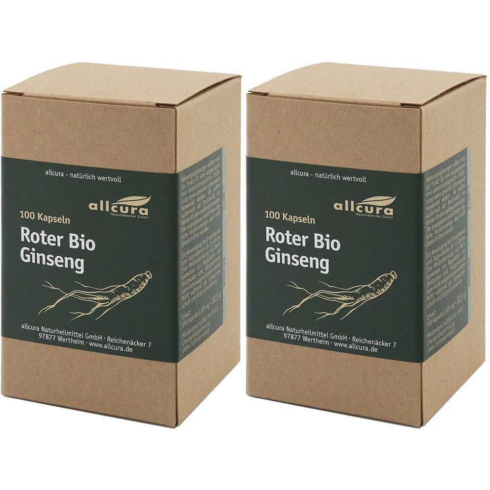 Zwei Kartons mit "Roter Bio Ginseng" Kapseln. Aufschrift: "allcura", "100 Kapseln". Braune Verpackung mit dunkelgrünem Etikett.