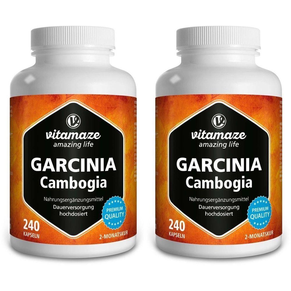 Zwei weiße Flaschen mit Etiketten. Aufschrift: GARCINIA Cambogia, Nahrungsergänzungsmittel. Marke: vitamaze. 240 Kapseln, Premium Qualität.