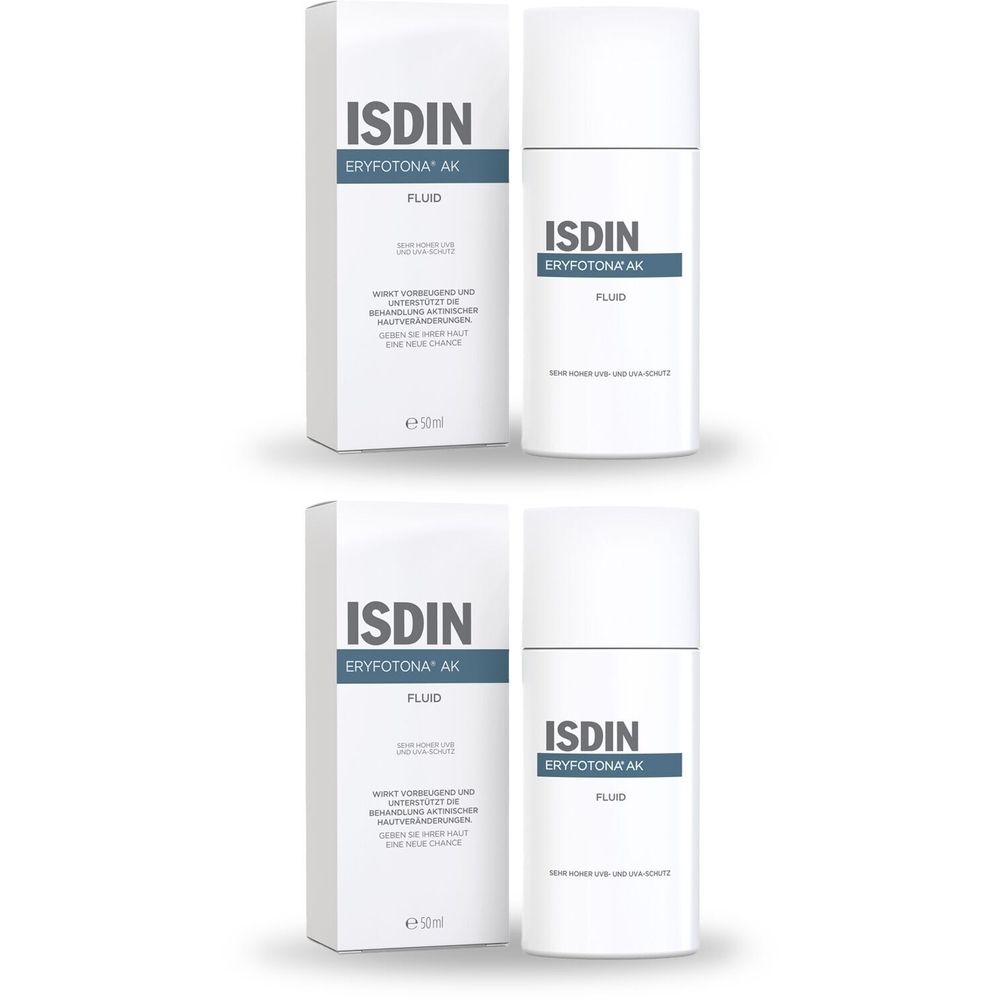 Zwei Flaschen ISDIN Eryfotona AK Fluid und Verpackung. Weißes Fläschchen mit blauem Etikett. Karton mit Produktinformationen.