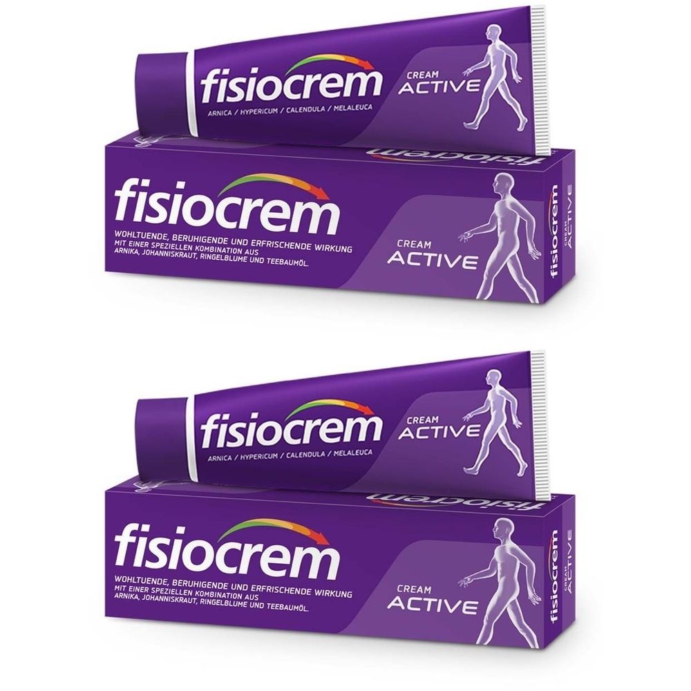 Zwei Tuben und Schachteln fisiocrem Cream Active. Lila Verpackung mit weißer Schrift. Aufdruck: Arnika, Hypericum, Calendula, Melaleuca.