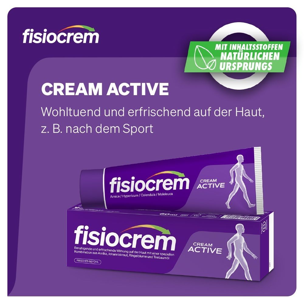 Fisiocrem Cream Active Tube und Karton mit stilisierter Figur. "Mit Inhaltsstoffen natürlichen Ursprungs".