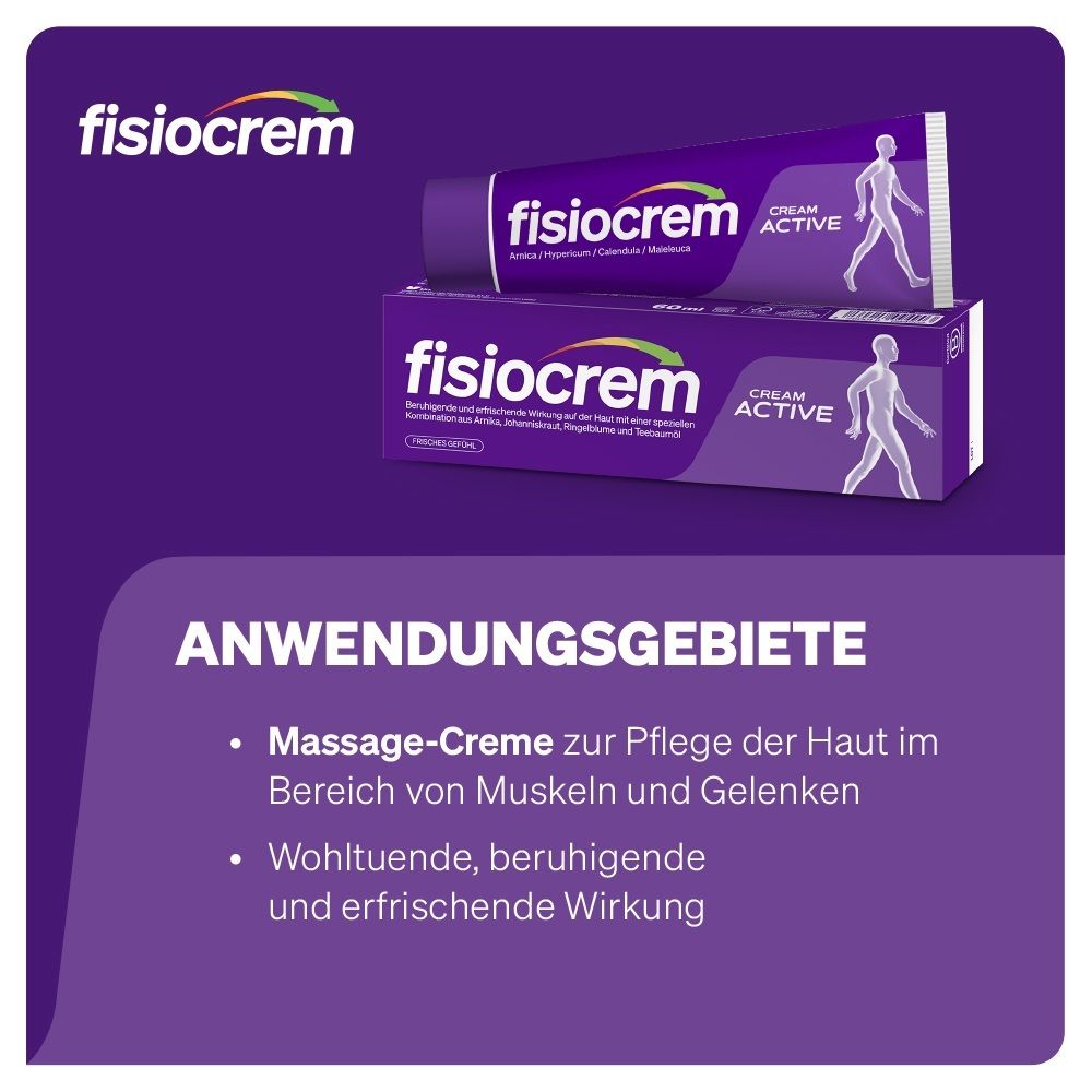 Fisiocrem Cream Active Tube und Karton. "Anwendungsgebiete": Massage-Creme, wohltuende Wirkung.