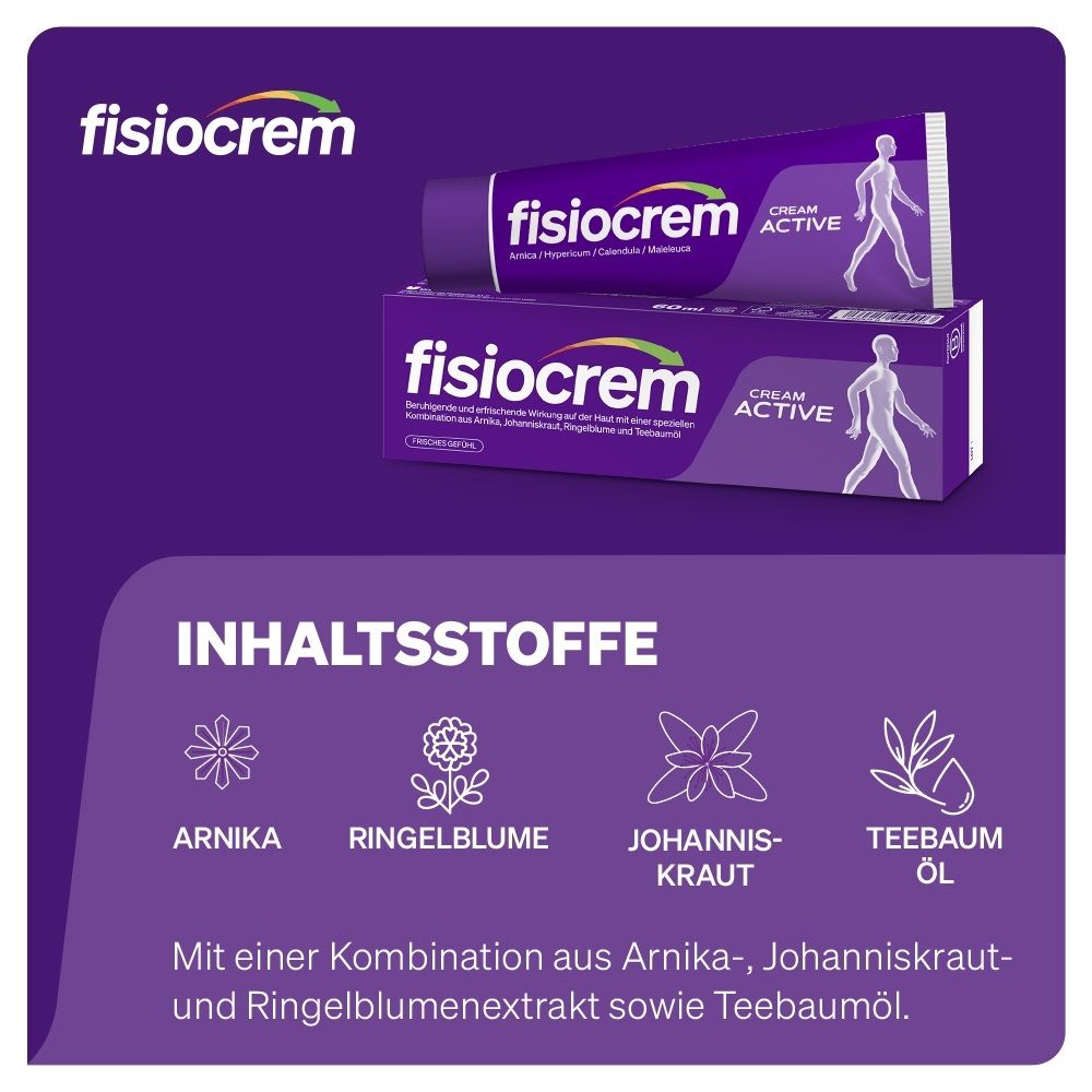 Fisiocrem Cream Active Tube und Karton. "Inhaltsstoffe": Arnika, Ringelblume, Johanniskraut, Teebaumöl.