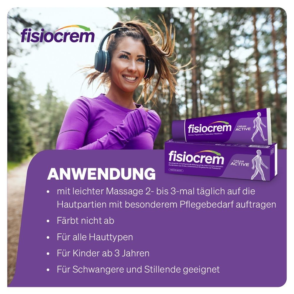 Läuferin mit Kopfhörern und Fisiocrem Cream Active Tube und Karton. "Anwendung": 2-3 mal täglich.