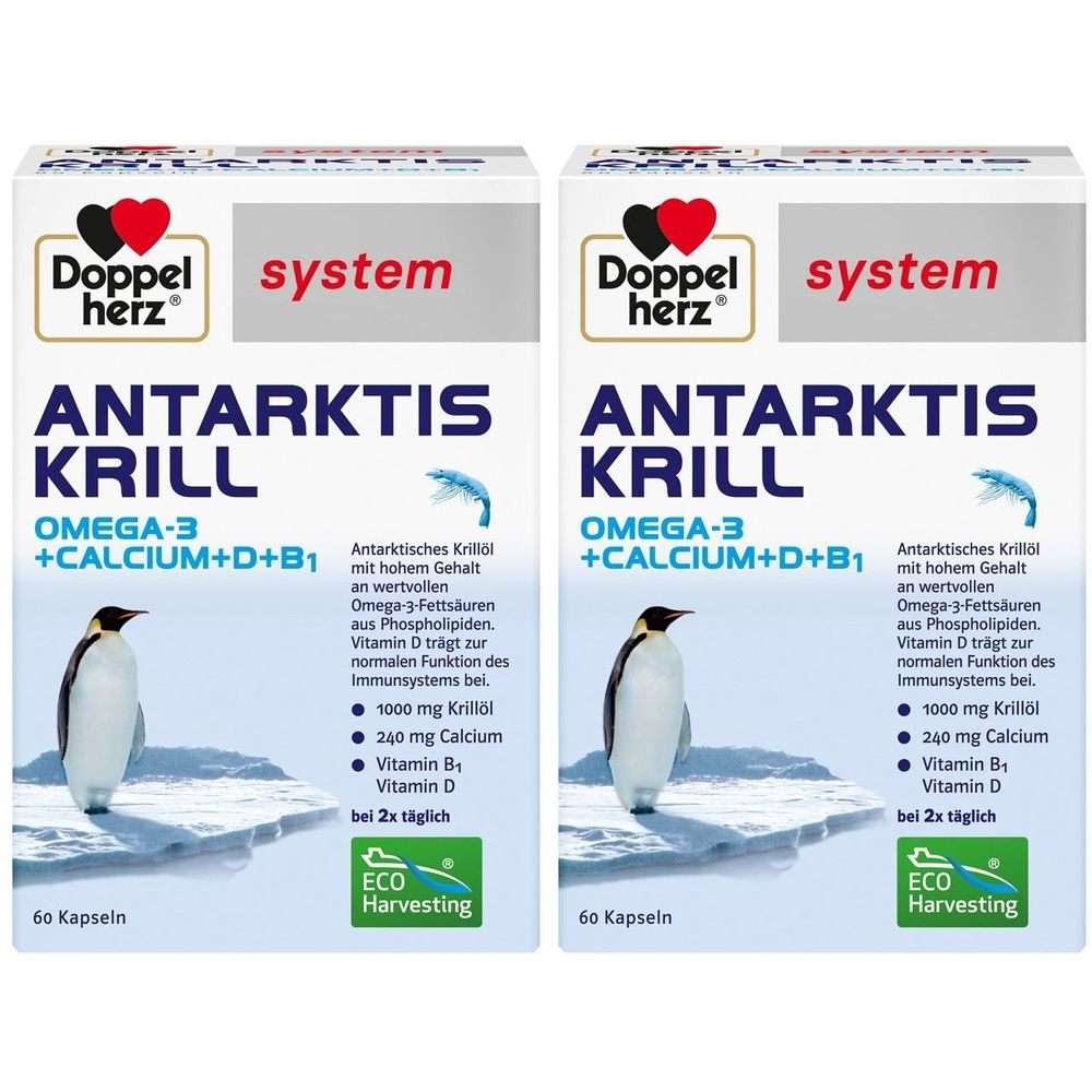 Zwei Schachteln Doppelherz system ANTARKTIS KRILL. Aufschrift: Omega-3 +Calcium+D+B1. Enthält 60 Kapseln. Mit ECO Harvesting Siegel.