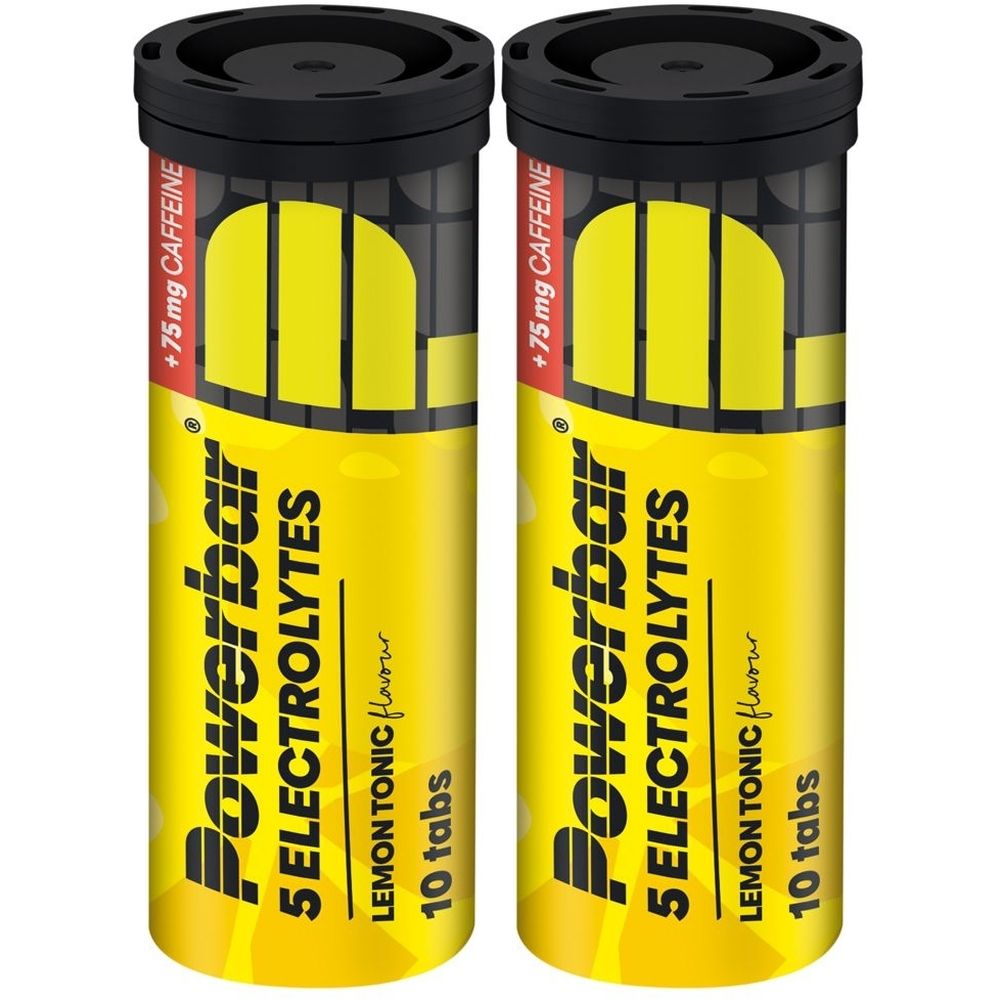 Zwei gelbe Tablettenröhren mit schwarzem Deckel. Aufschrift: Powerbar 5 Electrolytes, Lemon Tonic, 10 Tabs, +75 mg Koffein.