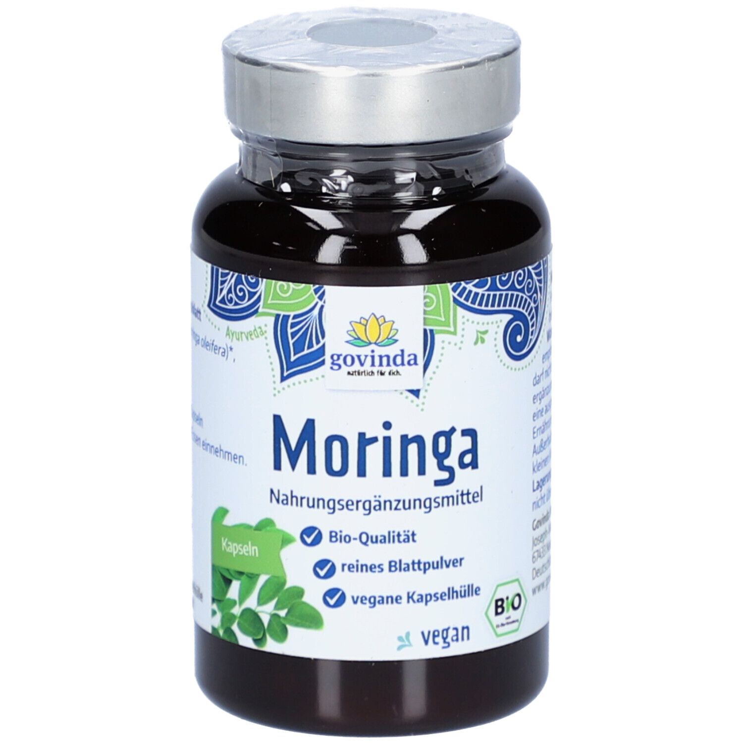 Braune Glasflasche mit silbernem Deckel. Aufschrift: Moringa Nahrungsergänzungsmittel, Bio-Qualität, vegan.