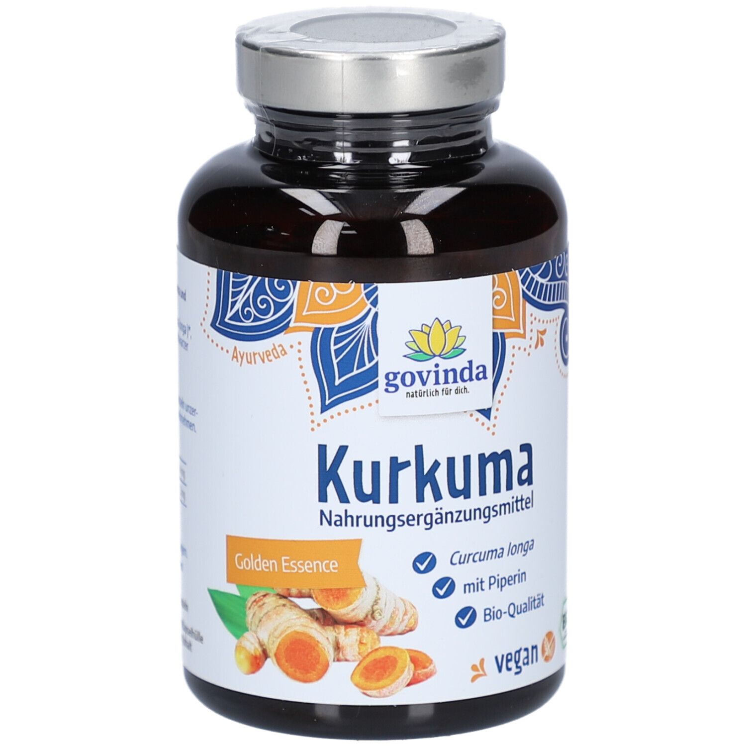 Braune Flasche mit Kapseln. Aufkleber mit Produktname Kurkuma, Logo und Zutaten. Vegan-Siegel.