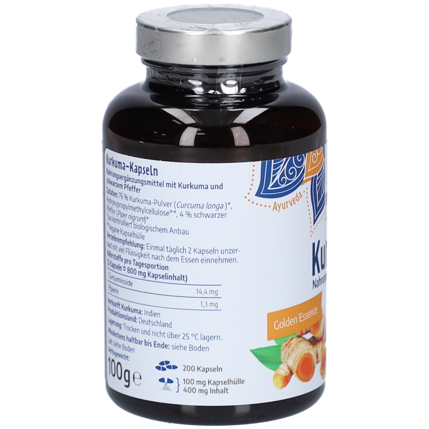 Rückseite der Flasche mit Produktinformationen. Enthält Angaben zu Inhaltsstoffen und Nährwerten. 100g, 200 Kapseln.