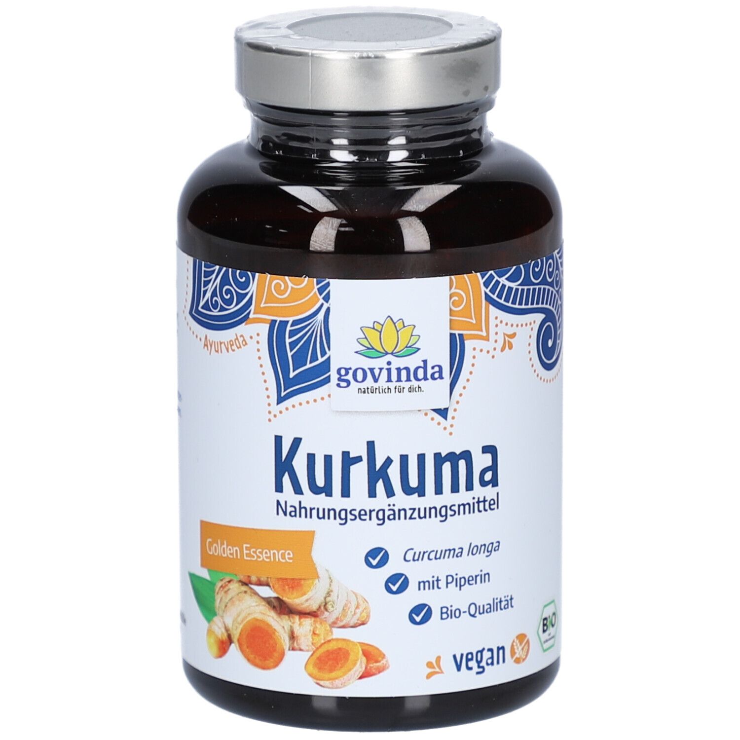 Braune Flasche mit Kapseln. Aufkleber mit Produktname Kurkuma, Logo und Zutaten. Vegan-Siegel.