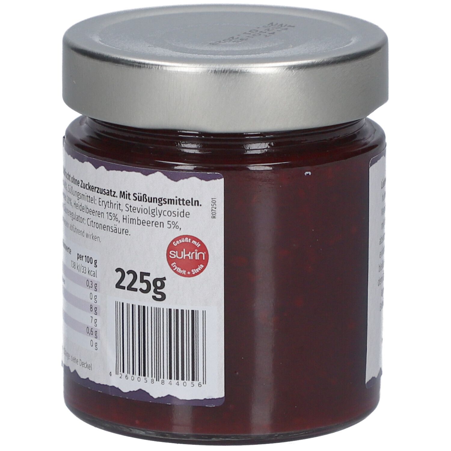 Glas mit Waldfrüchte-Aufstrich. Rückseite mit Nährwertangaben und 225g. Sukrin-Logo.