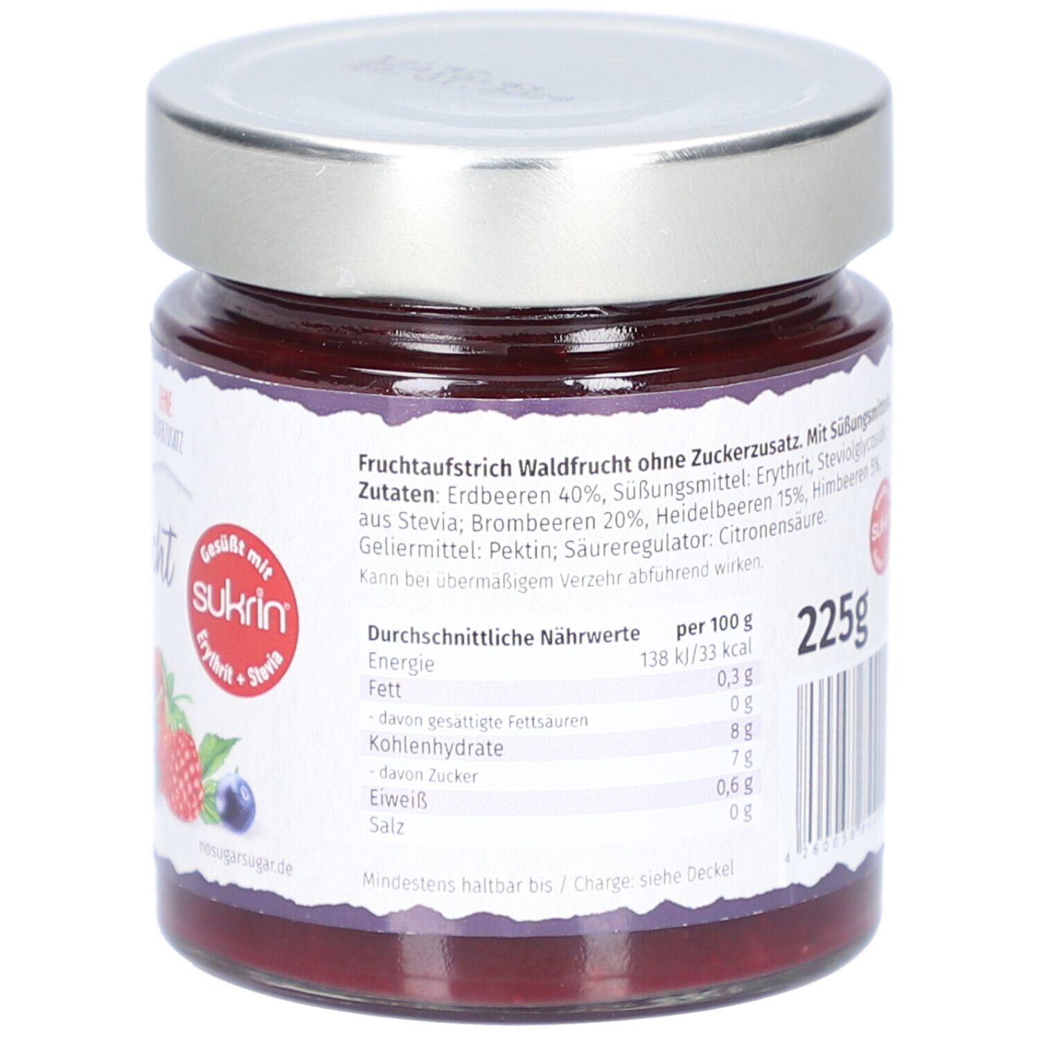 Glas mit Waldfrüchte-Aufstrich. Rückseite mit Nährwertangaben und 225g. Sukrin-Logo.