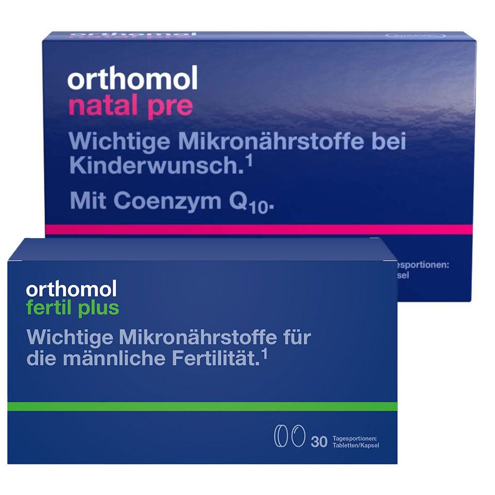 Zwei blaue Schachteln: Orthomol natal pre und Orthomol Fertil plus. Text: Wichtige Mikronährstoffe.