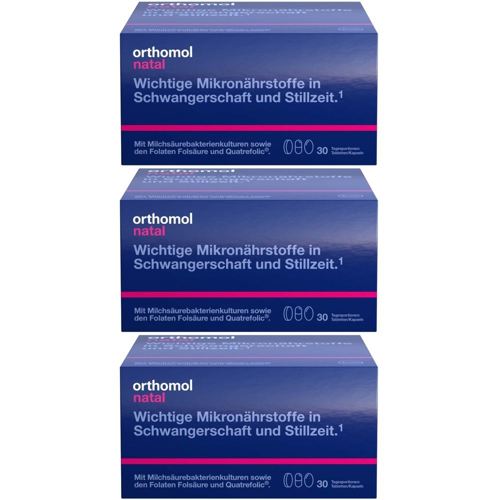 Drei blaue Produktverpackungen mit weißer Schrift. Aufschrift: Orthomol natal, wichtige Mikronährstoffe für Schwangerschaft und Stillzeit.