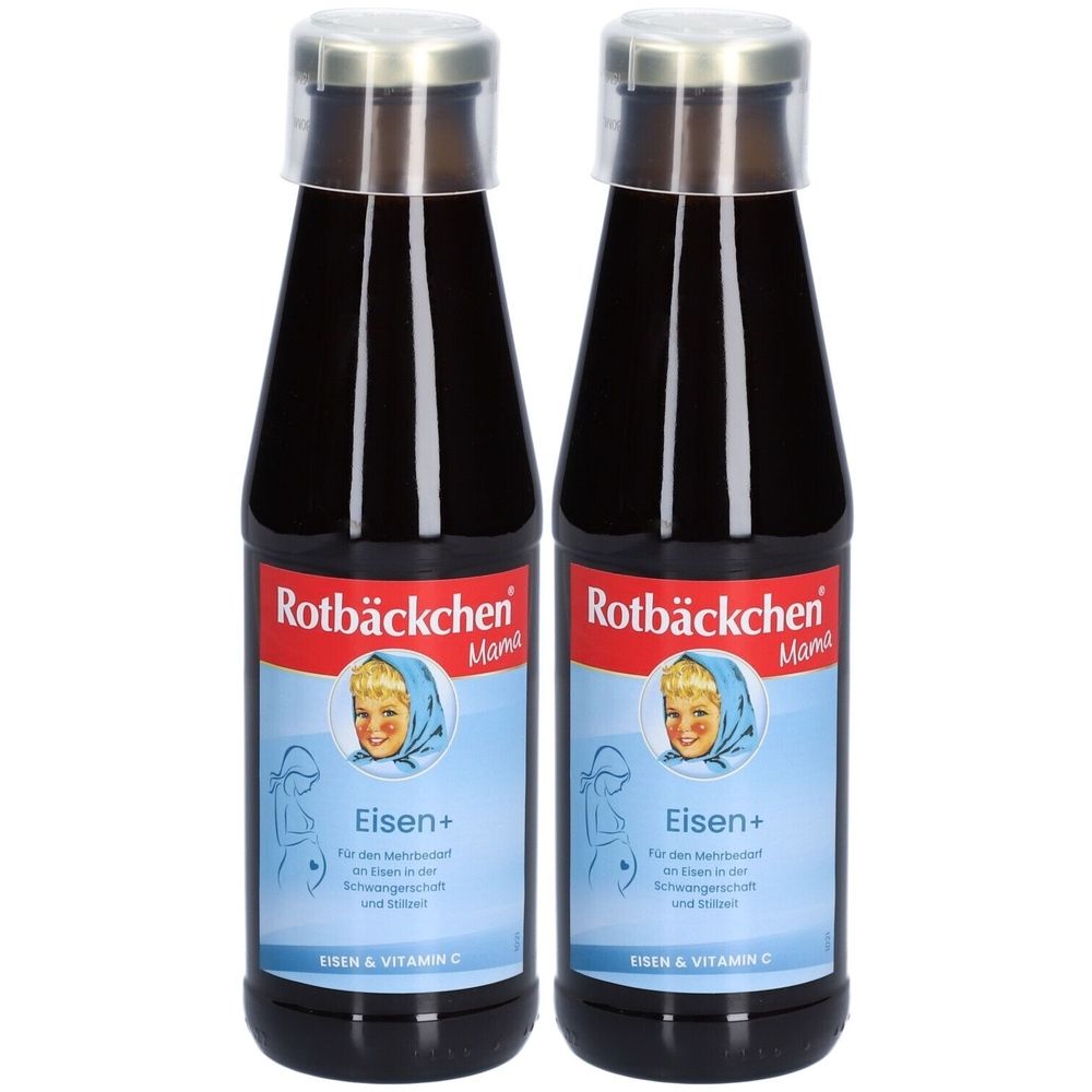 Zwei Flaschen Rotbäckchen Mama Eisen plus. Braune Glasflaschen mit Etikett. Auf dem Etikett sind ein Kind und der Schriftzug "Eisen+" zu sehen.