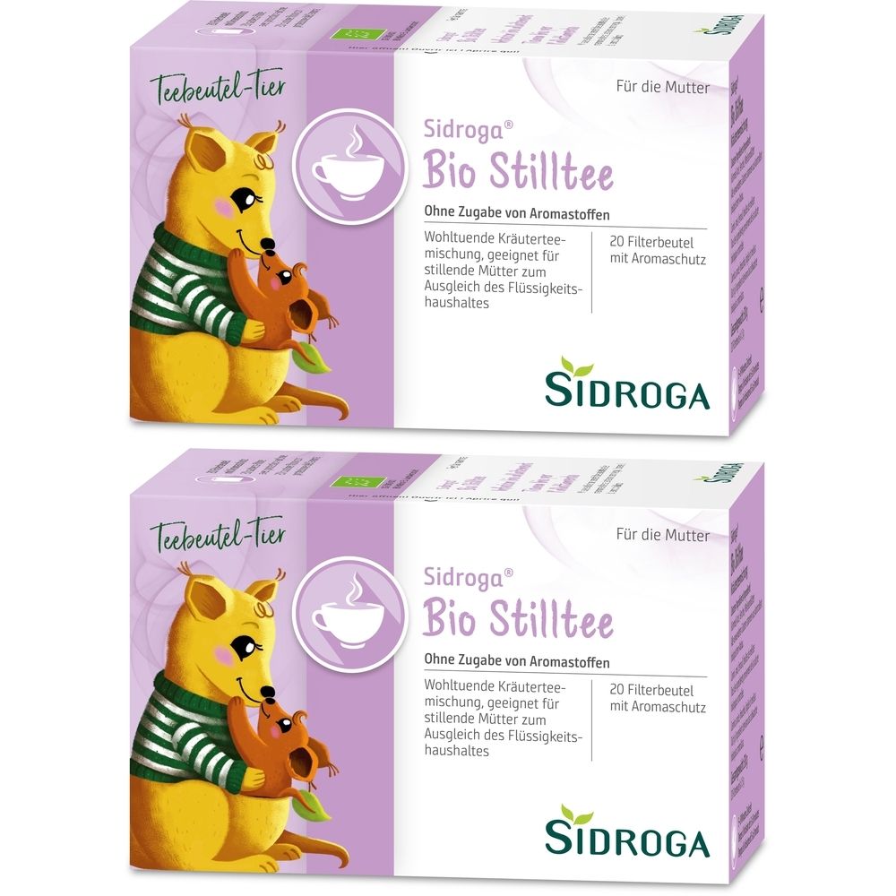 Zwei Packungen Bio Stilltee. Aufdrucke: Sidroga, Bio Stilltee, 20 Filterbeutel. Abbildung: Bär mit Baby.
