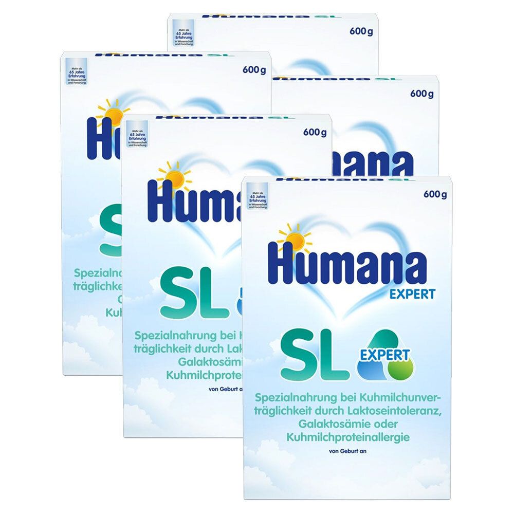 Mehrere Packungen Humana SL Expert. Aufschrift: Spezialnahrung, 600g. Logo mit Sonne und Herz.