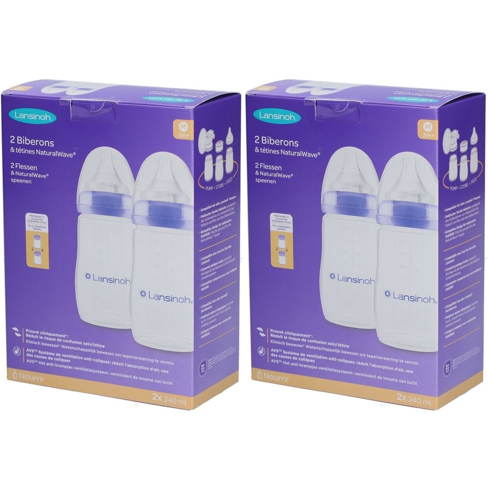 Zwei Packungen Babyflaschen. Jede Packung zeigt zwei Flaschen mit NaturalWave® Saugern. Aufschrift: Lansinoh.