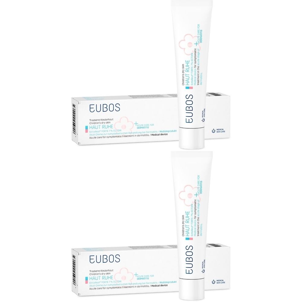 Zwei Tuben und zwei Schachteln. Auf den Tuben und Schachteln steht "EUBOS". Auf den Tuben steht "HAUT RUHE".