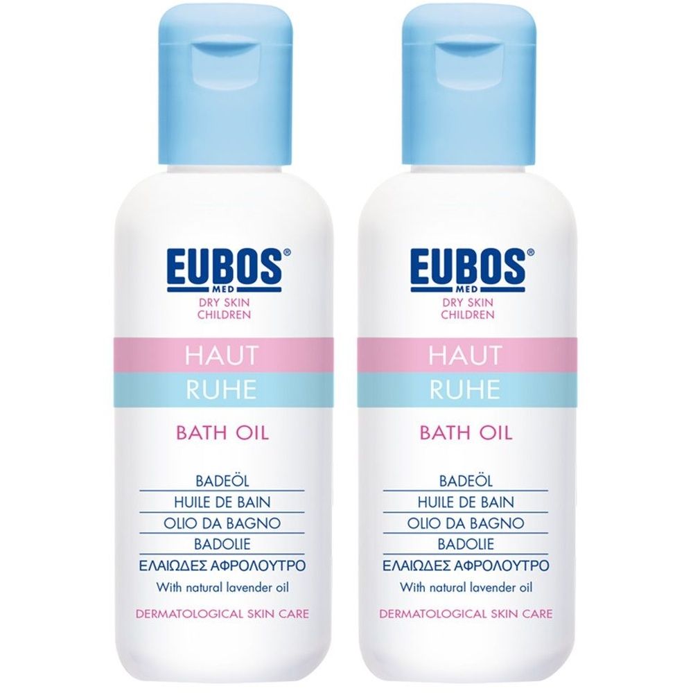 Zwei weiße Flaschen mit blauem Deckel. Aufschrift: EUBOS, HAUT RUHE BATH OIL. Mehrsprachige Produktinformationen.