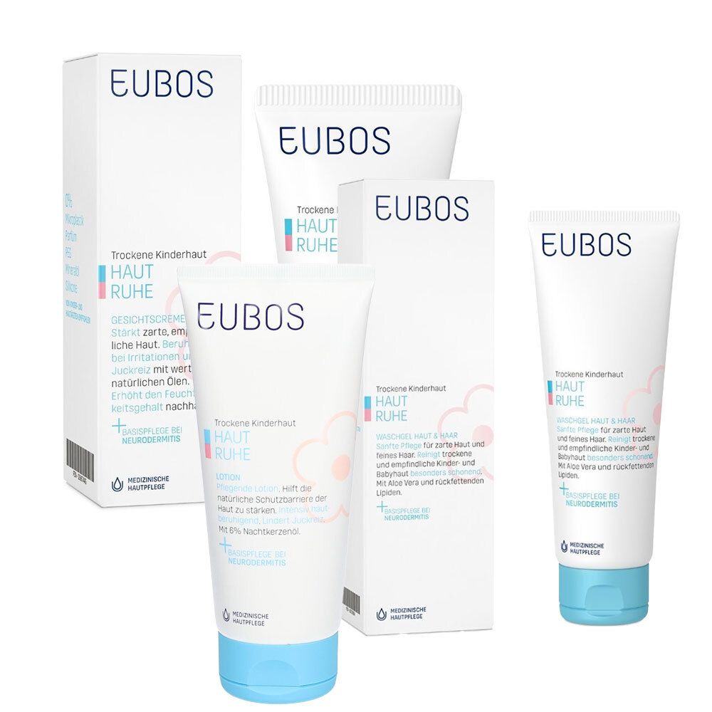 Produkt-Set Eubos Kinder Haut Ruhe. Mehrere Tuben und eine Schachtel. Aufdrucke: Eubos, Haut Ruhe, trockene Kinderhaut.