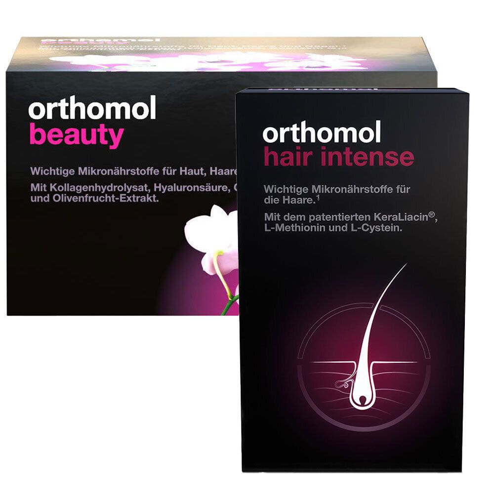 Zwei Produktverpackungen: Orthomol Beauty und Orthomol Hair Intense. Beide in Schwarz mit Produktnamen und Logos.