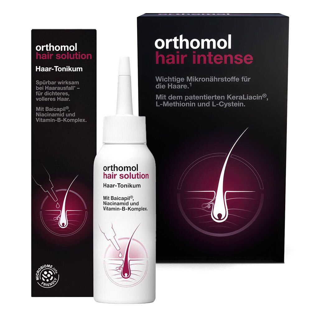 Set aus Orthomol Hair Solution und Orthomol Hair Intense Kapseln. Beide Produkte sind auf einem weißen Hintergrund abgebildet.