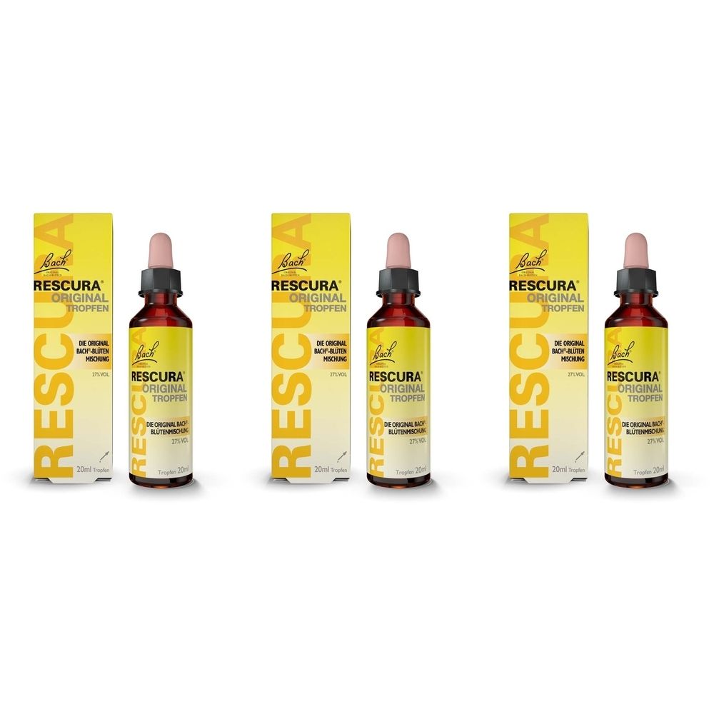 Drei Flaschen mit Tropfer und gelben Schachteln. Auf den Flaschen und Schachteln steht RESCURA ORIGINAL TROPFEN.
