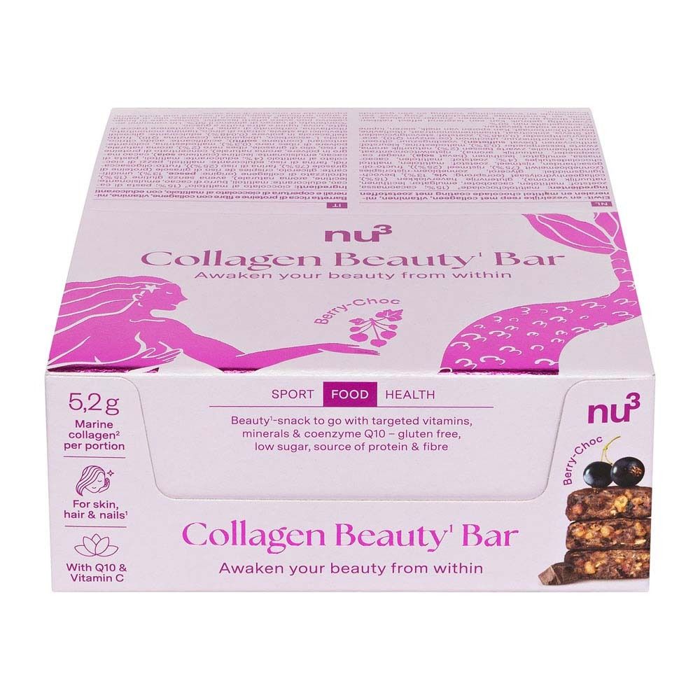 Verpackung von nu3 Collagen Beauty Bar Berry-Choc. Enthält Informationen zu Inhaltsstoffen und Nährwerten. Rosa und weiß.