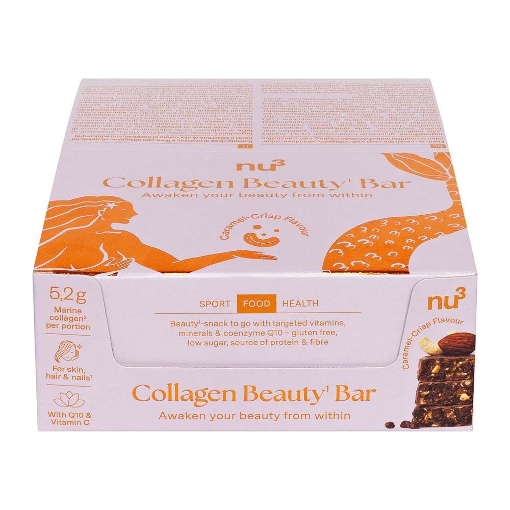Verpackung der nu3 Collagen Beauty Bar. Rosa, mit Produktnamen, Logo, und Abbildung eines Riegels mit Nüssen.