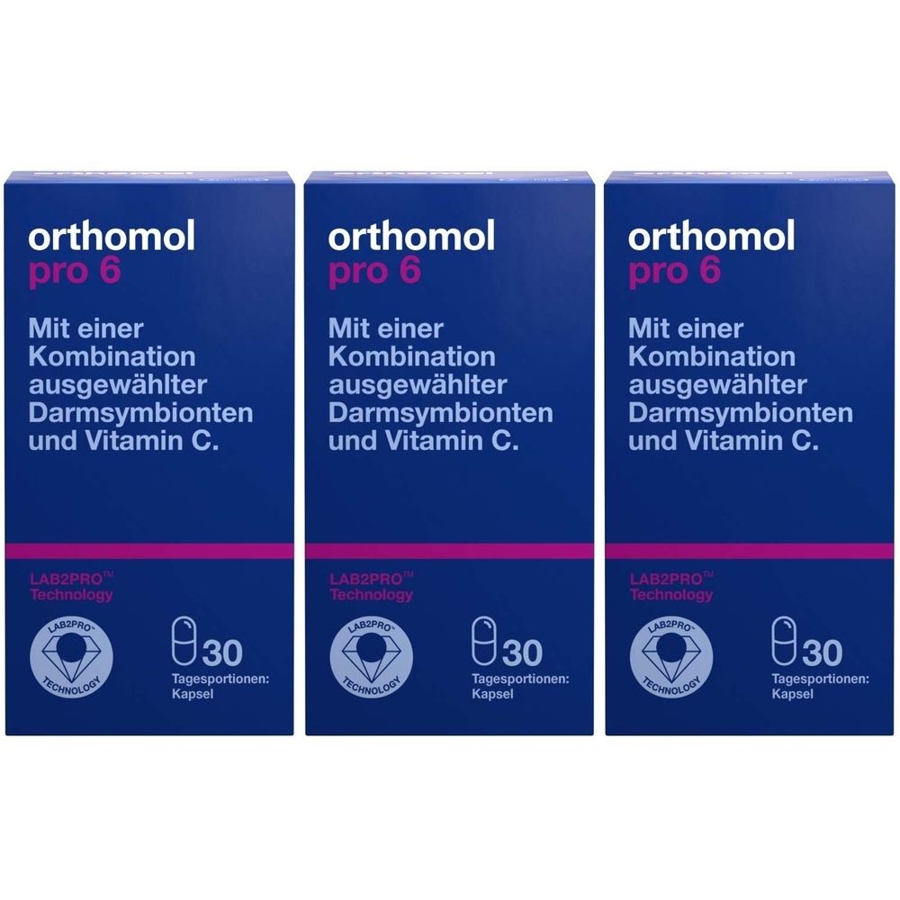 Drei Schachteln Orthomol pro 6. Auf jeder Schachtel steht: Mit einer Kombination ausgewählter Darmsymbionten und Vitamin C.