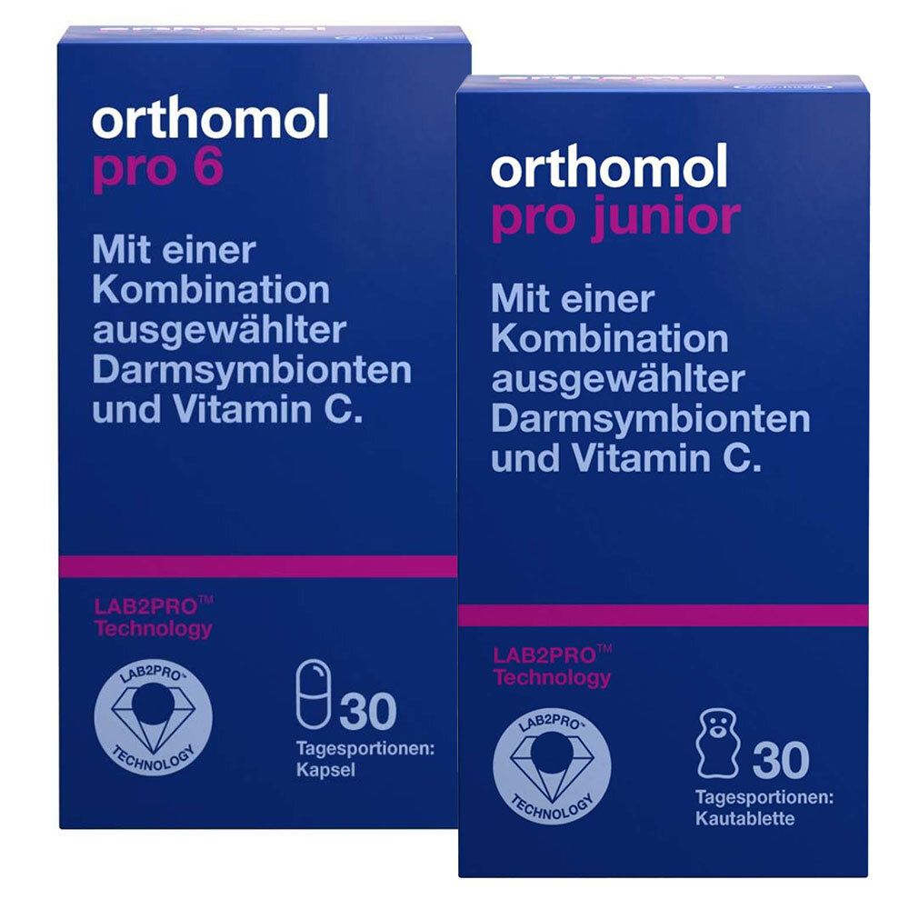 Zwei Schachteln Orthomol pro 6 und pro junior. Aufschrift: Mit einer Kombination ausgewählter Darmsymbionten und Vitamin C.
