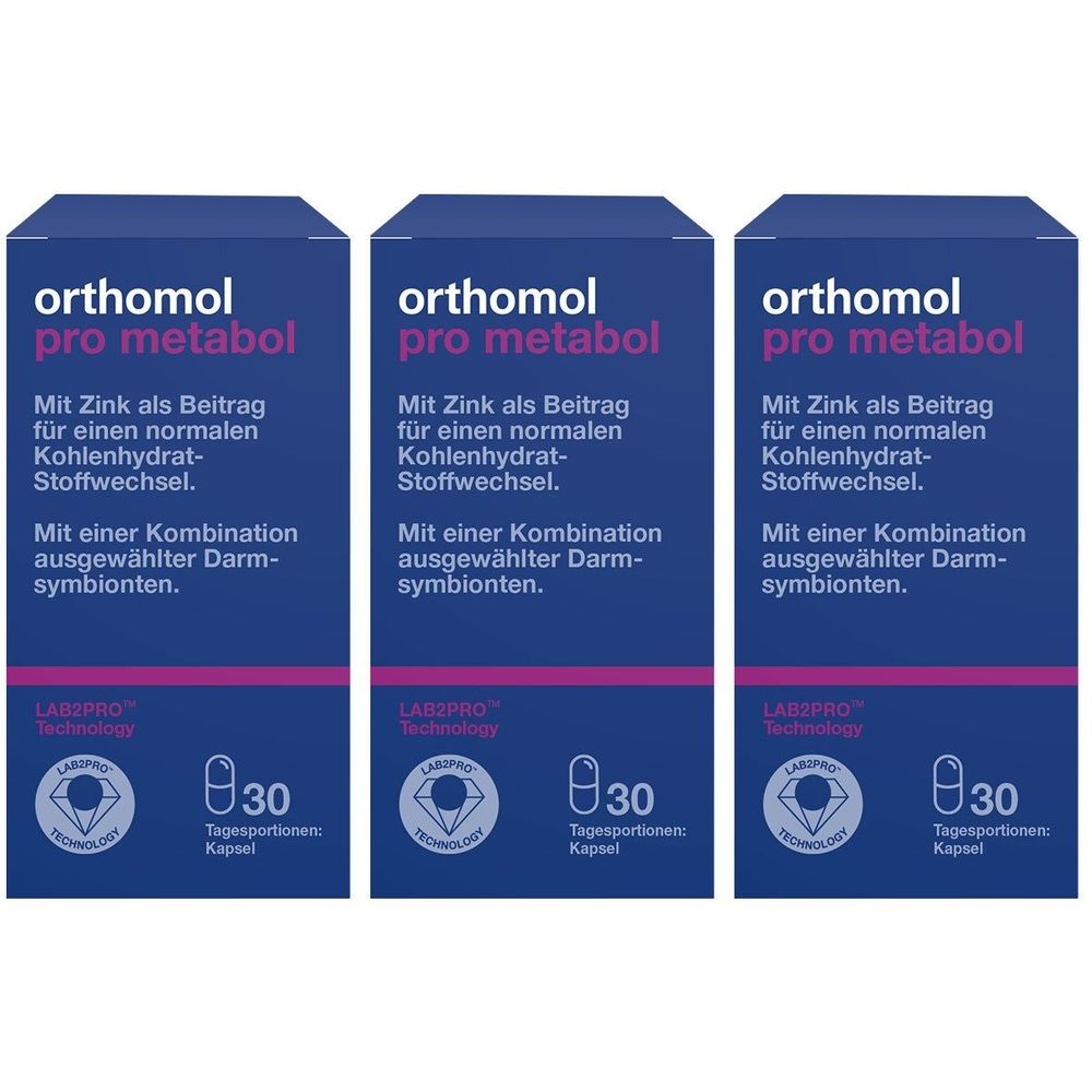 Drei Schachteln Orthomol pro metabol. Blaue Verpackung mit weißer Schrift. Enthält 30 Kapseln.