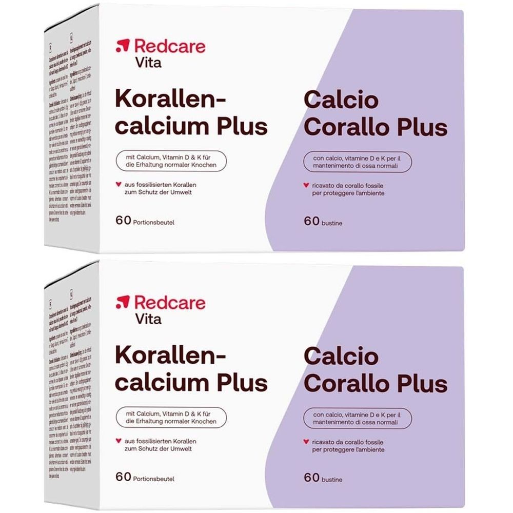 Zwei Schachteln Redcare Vita Korallen-calcium Plus. Aufschrift: Calcium, Vitamin D & K für normale Knochen. 60 Portionen.