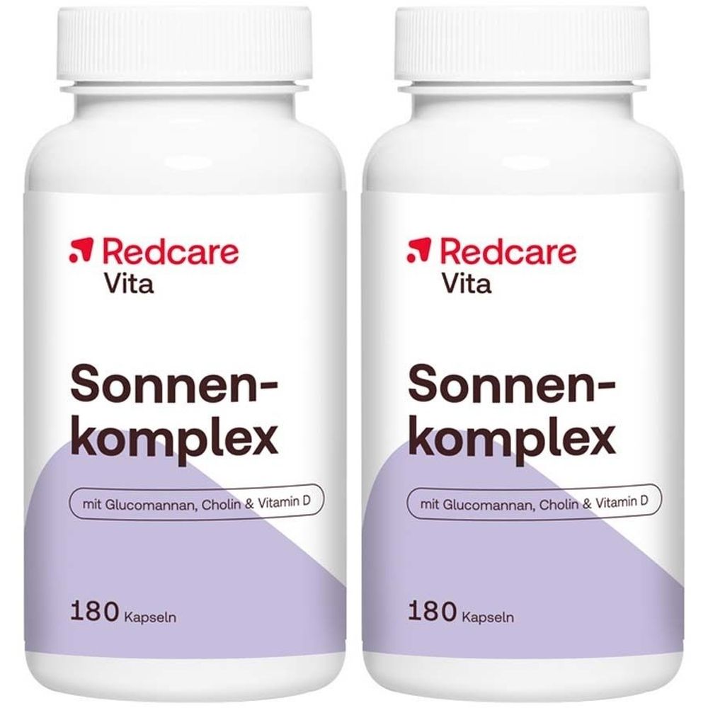 Zwei weiße Flaschen mit dem Aufdruck 'Redcare Vita Sonnenkomplex'. Auf jeder Flasche steht '180 Kapseln'.
