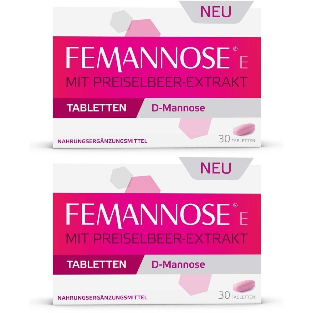 Zwei Packungen Femannose E Tabletten. Aufschrift: Tabletten, D-Mannose, 30 Tabletten. Mit Preiselbeer-Extrakt. Nahrungsergänzungsmittel.