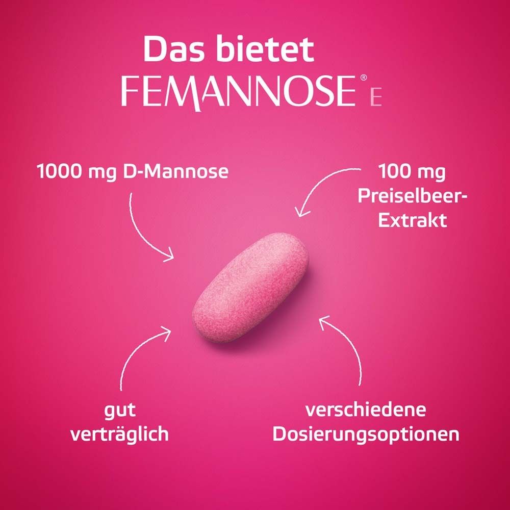 Eine rosa Tablette mit Pfeilen zu Informationen: 1000 mg D-Mannose, 100 mg Preiselbeer-Extrakt, gut verträglich, verschiedene Dosierungsoptionen.