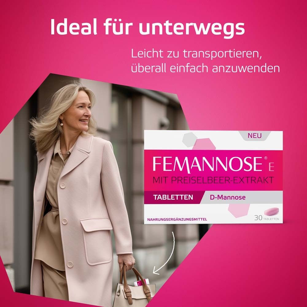 Frau geht mit Handtasche. Im Hintergrund eine Packung Femannose E Tabletten. Text: Ideal für unterwegs. Leicht zu transportieren.
