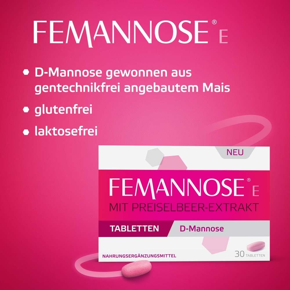 Packung Femannose E Tabletten. Text: D-Mannose gewonnen aus gentechnikfrei angebautem Mais, glutenfrei, laktosefrei.