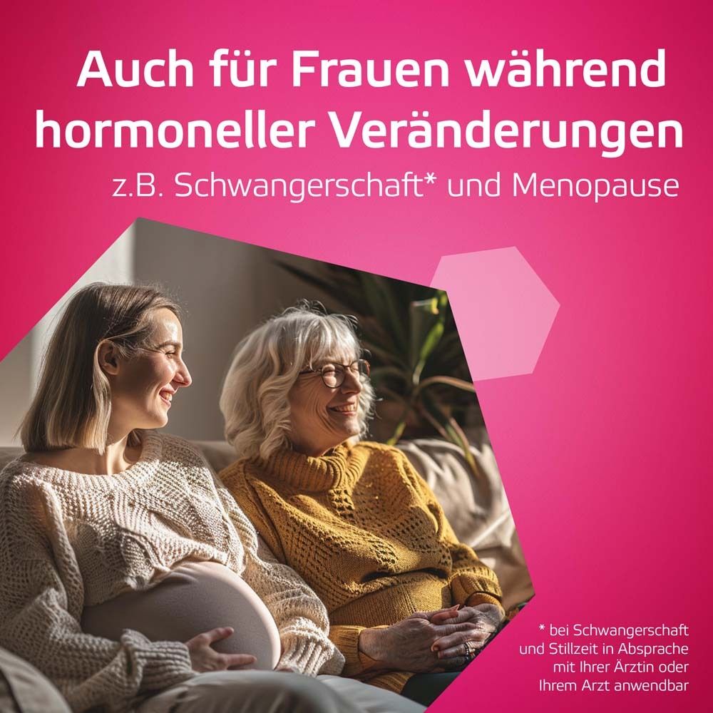 Zwei Frauen sitzen zusammen. Text: Auch für Frauen während hormoneller Veränderungen, z.B. Schwangerschaft und Menopause.