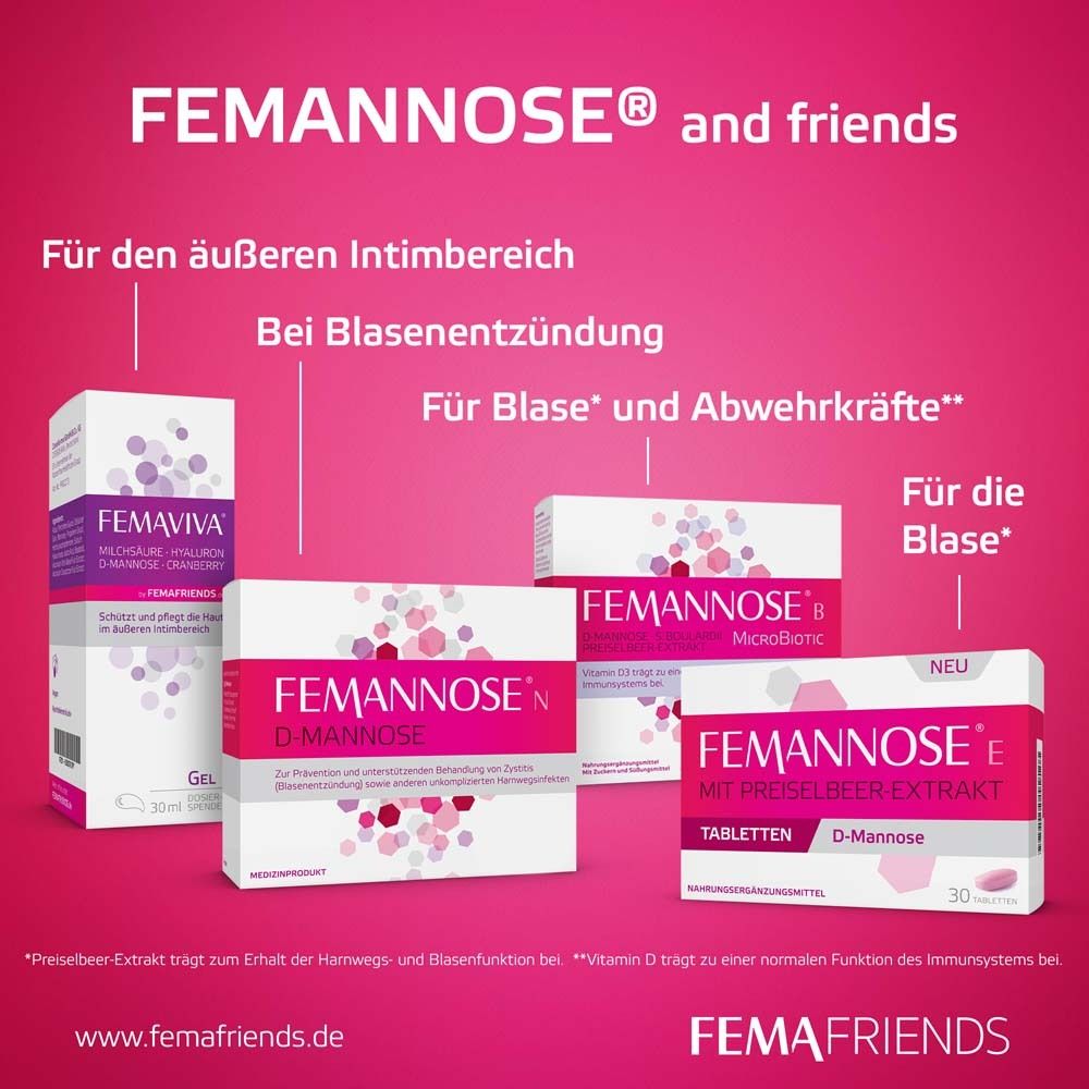 Verschiedene Femannose Produkte. Text: Für den äußeren Intimbereich, bei Blasenentzündung, für Blase und Abwehrkräfte.
